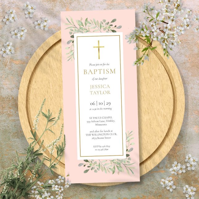Invitation Aquarelle Verdure Baptême Christening Rose pâle (Watercolor Greenery Baptism Christening Blush Pink Invitation)