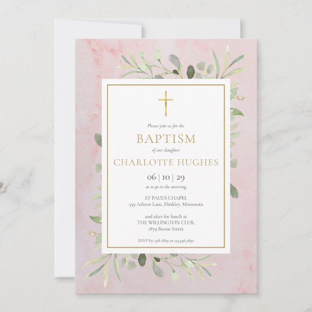 Invitation Aquarelle Verdure Baptême rose Christening (Devant)