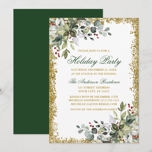 Invitation Aquarelle Verdure Berries Gold Parties scintillant (Devant / Derrière)