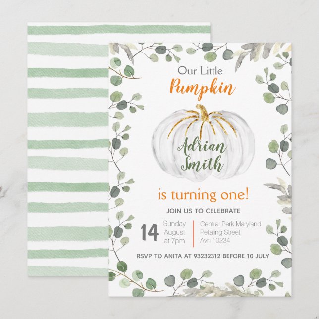 Invitation Aquarelle Verdure Citrouille 1er anniversaire (Devant / Derrière)