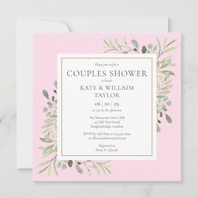 Invitation Aquarelle Verdure Couples Roses Bébé Fille Douche (Devant)