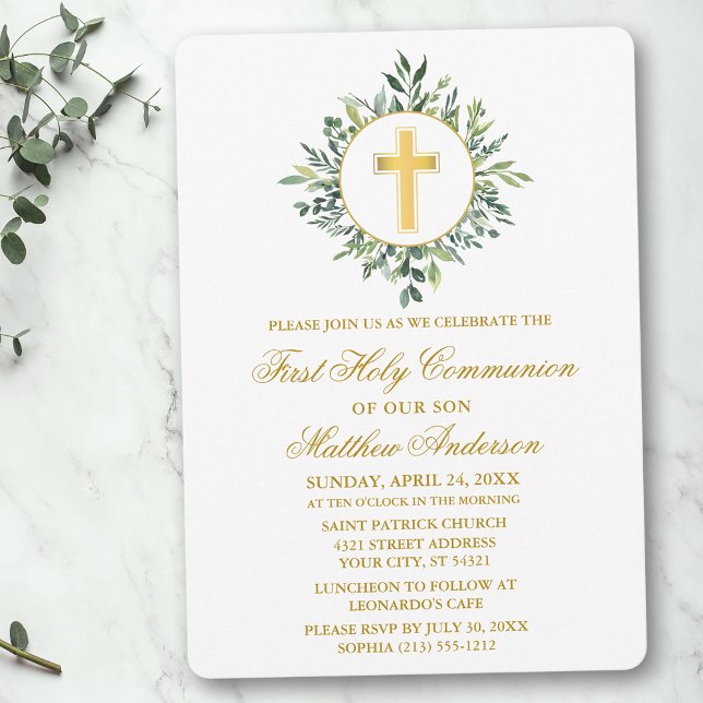 Invitation Aquarelle Verdure Croix d'or Première communion (Customize to change text color, size, style or to add photos or more text to back of card.)