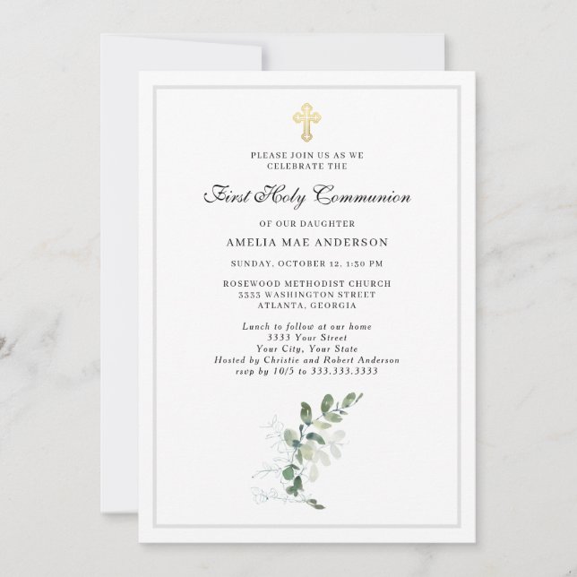 Invitation Aquarelle Verdure Croix première communion sainte (Devant)
