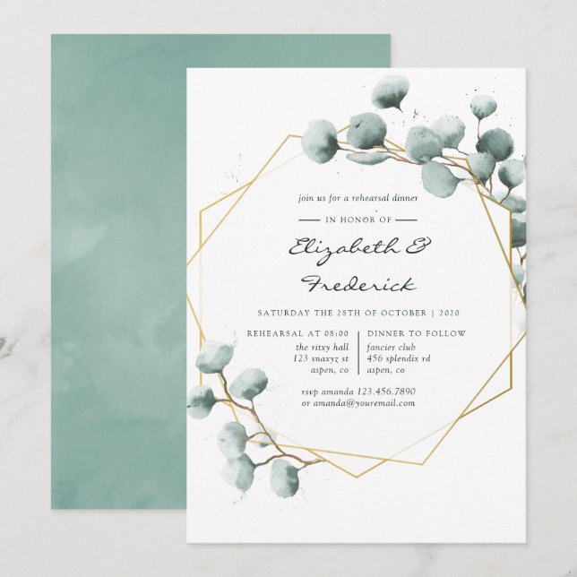Invitation Aquarelle Verdure Dîner de répétition géométrique (Devant / Derrière)