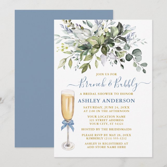 Invitation Aquarelle Verdure Dusty Bleu Brunch Bubbly (Devant / Derrière)