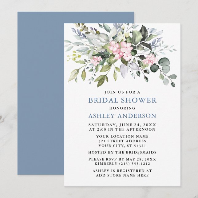 Invitation Aquarelle Verdure Dusty Bleu Fête des mariées rose (Devant / Derrière)