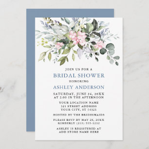 Invitation Aquarelle Verdure Dusty Bleu Fête des mariées rose