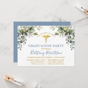 Invitation Aquarelle Verdure Dusty Bleu Médicale Grad Party