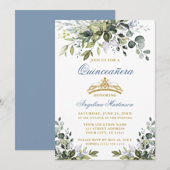Invitation Aquarelle Verdure Dusty Bleu Or Quinceañera (Devant / Derrière)