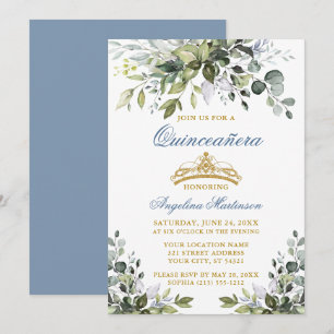 Invitation Aquarelle Verdure Dusty Bleu Or Quinceañera