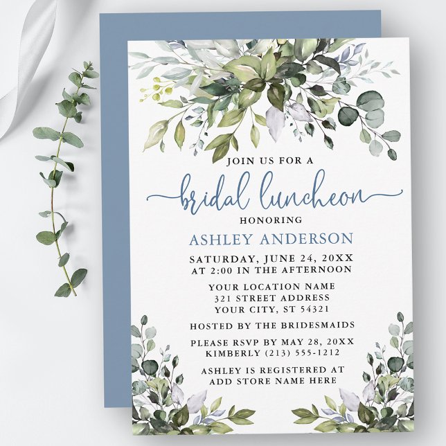Invitation Aquarelle Verdure Dusty Blue Bridal Luncheon (Customize to change your personalized text color, text style or color of back of card.)