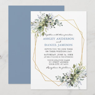 Invitation Aquarelle Verdure Dusty Blue Geo Mariage cadre