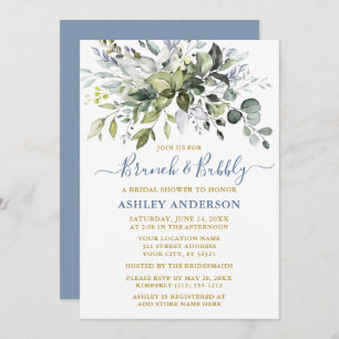 Invitation Aquarelle Verdure Dusty Blue Gold Fête des mariées