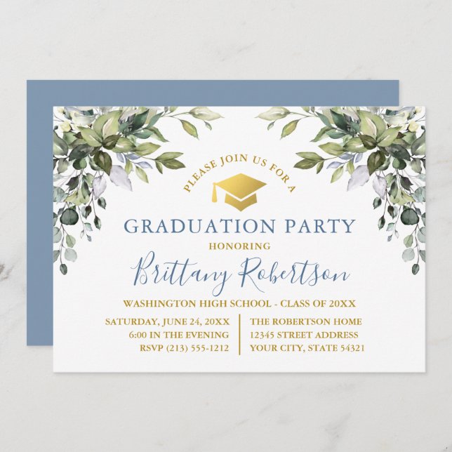 Invitation Aquarelle Verdure Dusty Blue Gold Grad Party (Devant / Derrière)