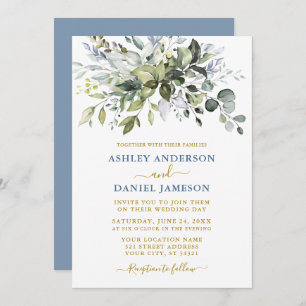 Invitation Aquarelle Verdure Dusty Blue Gold Mariage