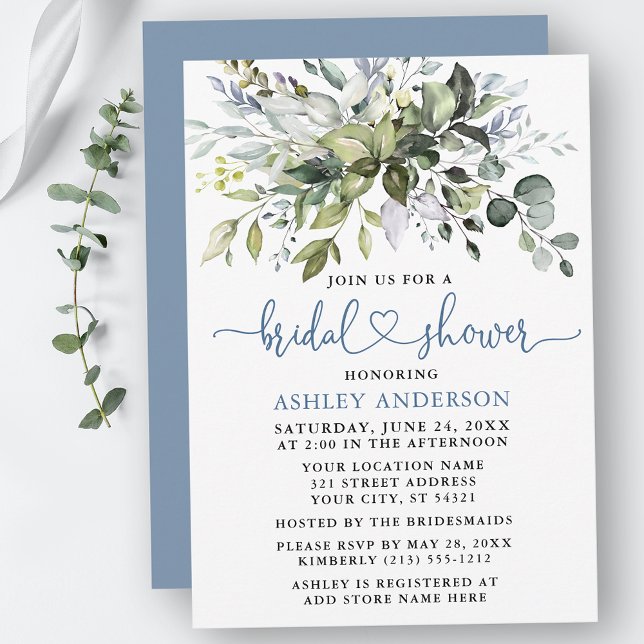 Invitation Aquarelle Verdure Dusty Blue Heart Fête des mariée (Customize to change your personalized text color, text style or color of back of card.)