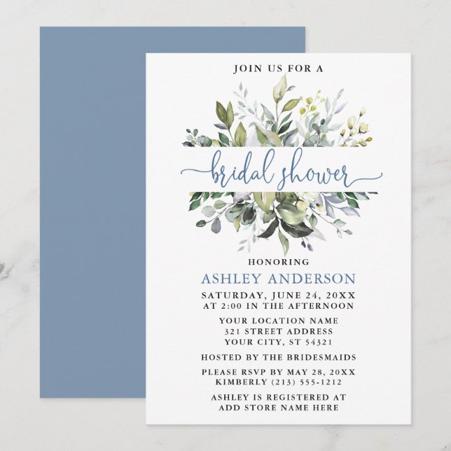 Invitation Aquarelle Verdure Dusty Blue Script Douche (Devant / Derrière)