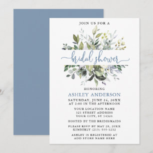 Invitation Aquarelle Verdure Dusty Blue Script Douche