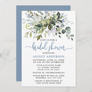 Invitation Aquarelle Verdure Dusty Blue Script Douche