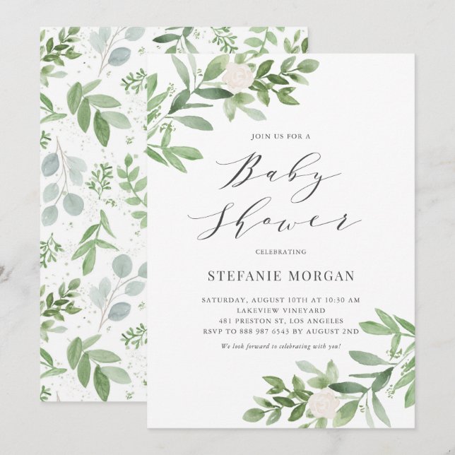 Invitation Aquarelle Verdure et Baby shower Floral blanc (Devant / Derrière)