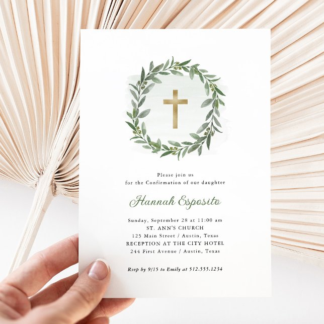 Invitation Aquarelle Verdure et Croix d'or | Confirmations (Créateur téléchargé)