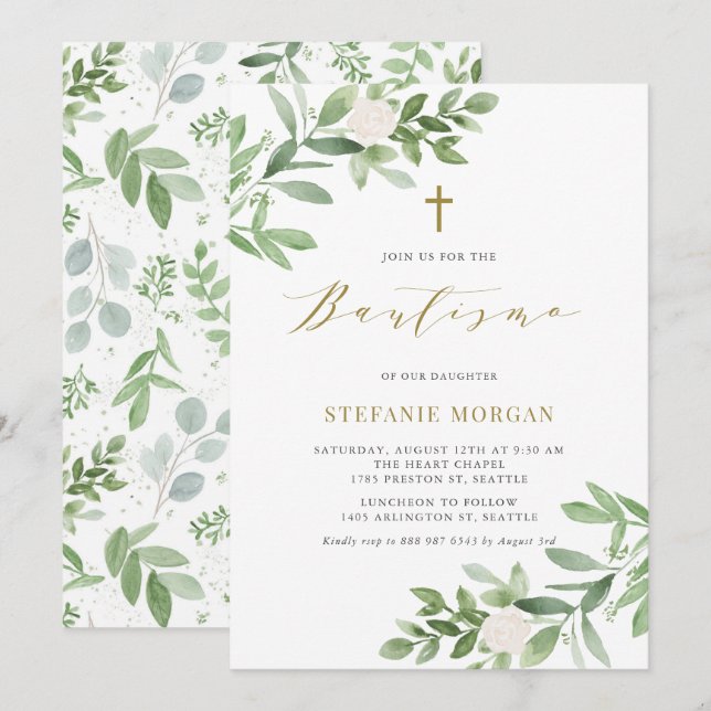 Invitation Aquarelle Verdure et fleurs blanches Bautismo (Devant / Derrière)
