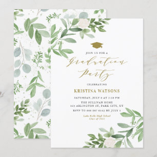 Invitation Aquarelle Verdure et Fleurs blanches Graduation