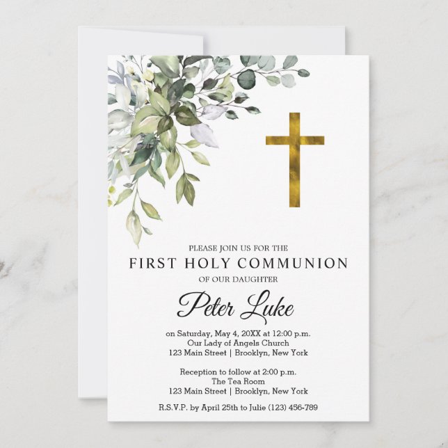 Invitation Aquarelle Verdure et fleurs Première communion en (Devant)