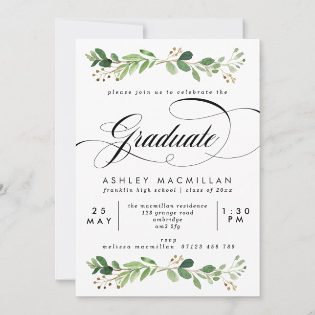 Invitation Aquarelle Verdure Eucalyptus Graduation Party (Devant)