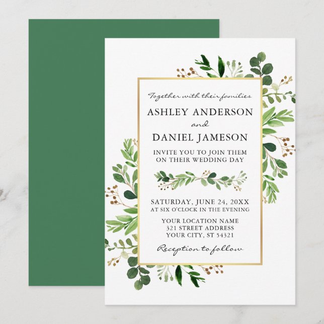 Invitation Aquarelle Verdure Eucalyptus Mariage or (Devant / Derrière)