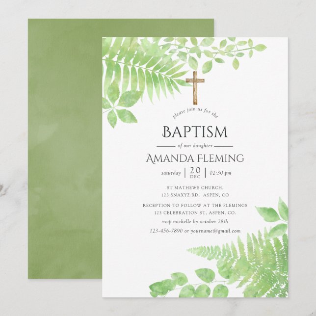 Invitation Aquarelle Verdure Feuillage Baptême ou Christening (Devant / Derrière)