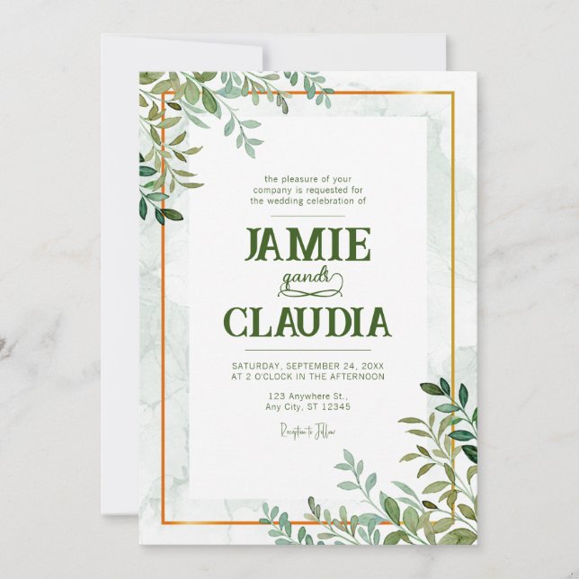 Invitation Aquarelle verdure feuillage feuille mariage (Devant)