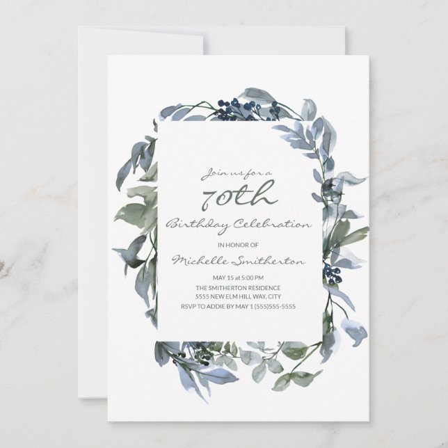 Invitation Aquarelle Verdure Feuille 70e anniversaire (Devant)