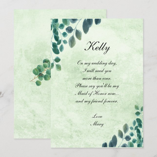 Invitation Aquarelle Verdure Feuilles d'Eucalyptus Demoiselle (Devant / Derrière)