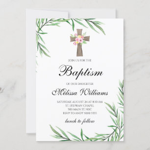 Invitation Aquarelle Verdure Fleur Baptême de fille
