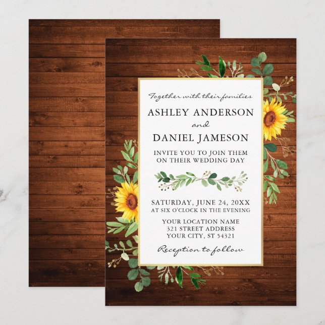 Invitation Aquarelle Verdure Fleurs de soleil Mariage en bois (Devant / Derrière)