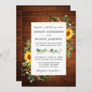 Invitation Aquarelle Verdure Fleurs de soleil Mariage en bois