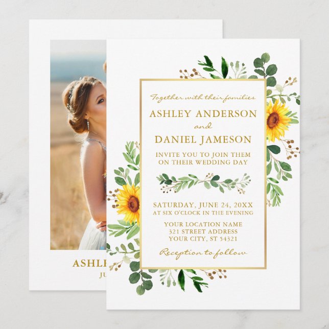 Invitation Aquarelle Verdure Fleurs de soleil Photo Mariage o (Devant / Derrière)