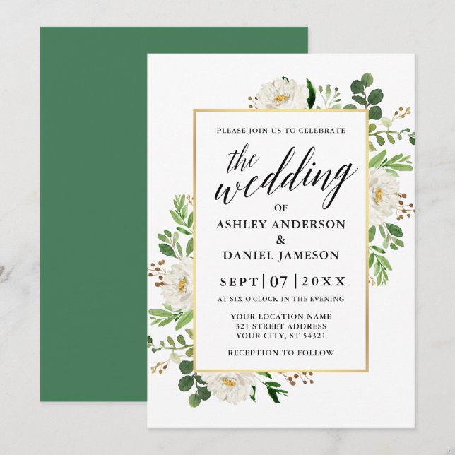 Invitation Aquarelle Verdure Floral Calligraphie Mariage (Devant / Derrière)