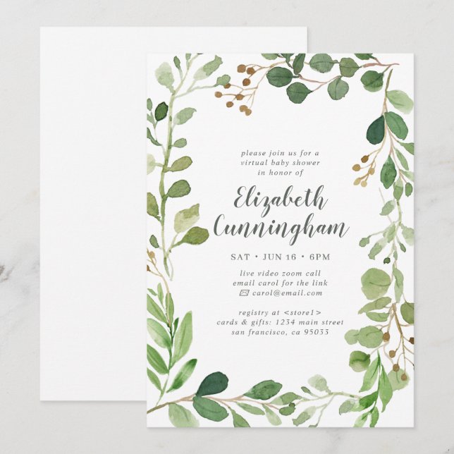 Invitation Aquarelle Verdure Foliage Baby shower virtuel (Devant / Derrière)