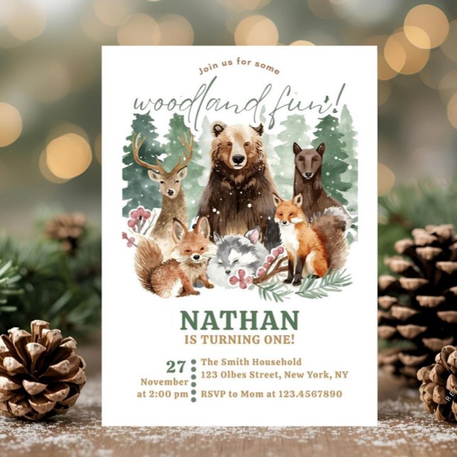 Invitation Aquarelle Verdure Forêt forestière Anniversaire (woodland theme, watercolor, forest, rustic, forest animals, country, garden high tea, vintage storyb)
