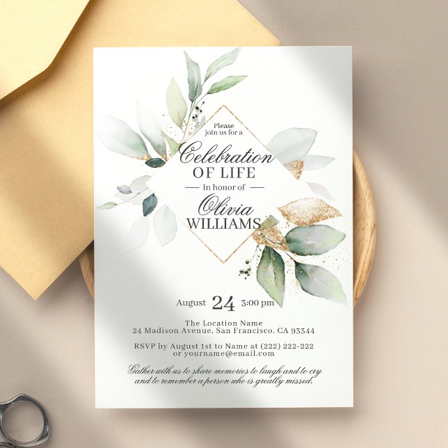 Invitation Aquarelle Verdure Gold Célébration de la vie (Créateur téléchargé)