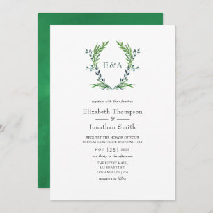 Invitation Aquarelle Verdure Laurel Crest Monogramme Mariage