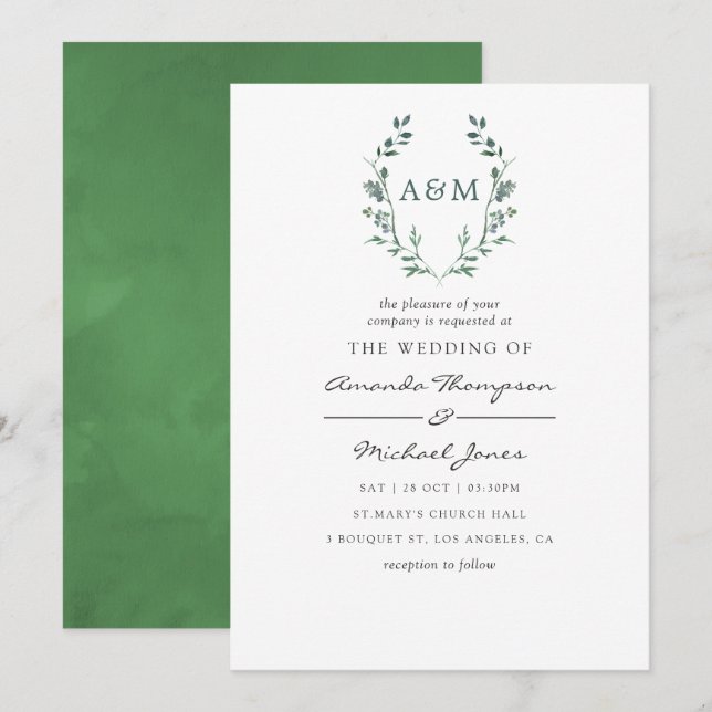 Invitation Aquarelle Verdure Laurel Crest Monogramme Mariage (Devant / Derrière)