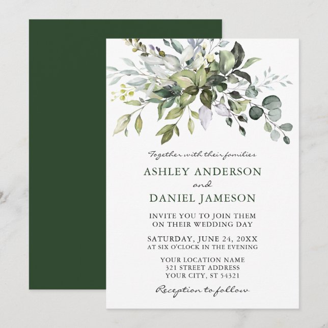 Invitation Aquarelle Verdure Moderne Mariage élégant (Devant / Derrière)