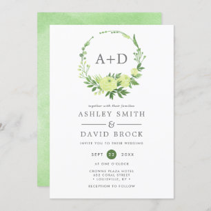Invitation Aquarelle Verdure Monogramme Mariage de couronne