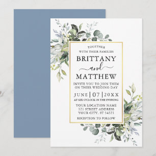 Invitation Aquarelle Verdure Or Frame Dusty Blue Mariage