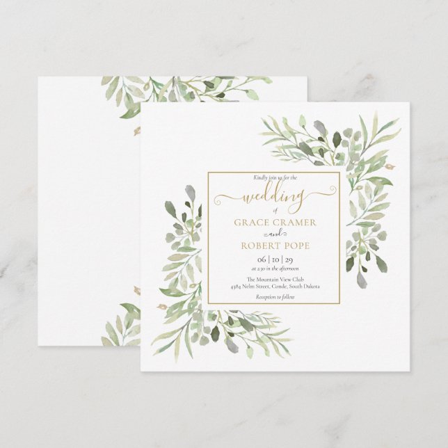 Invitation Aquarelle Verdure Or Mariage de script géométrique (Devant / Derrière)