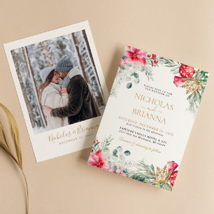 Invitation Aquarelle Verdure Or Noël Mariage Photo