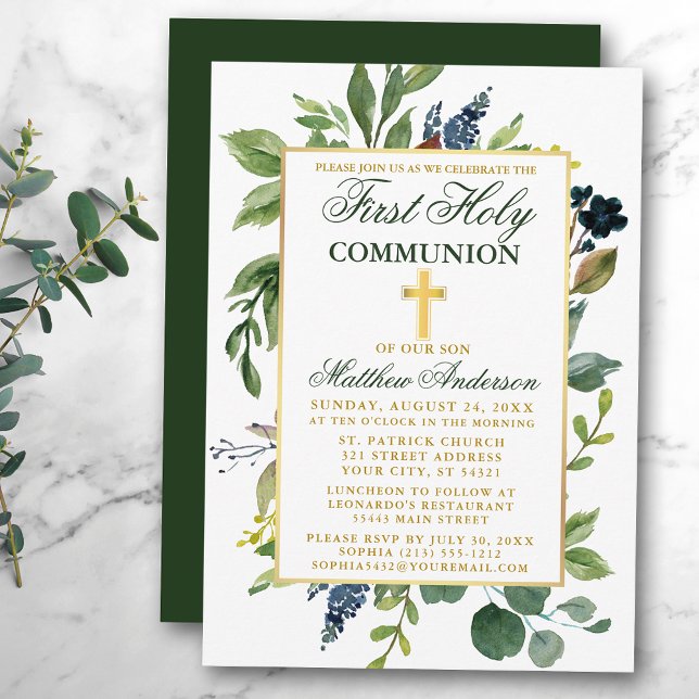 Invitation Aquarelle Verdure Or Première Communion sainte (Customize to change text color,  size, style or to change color of back of card.)